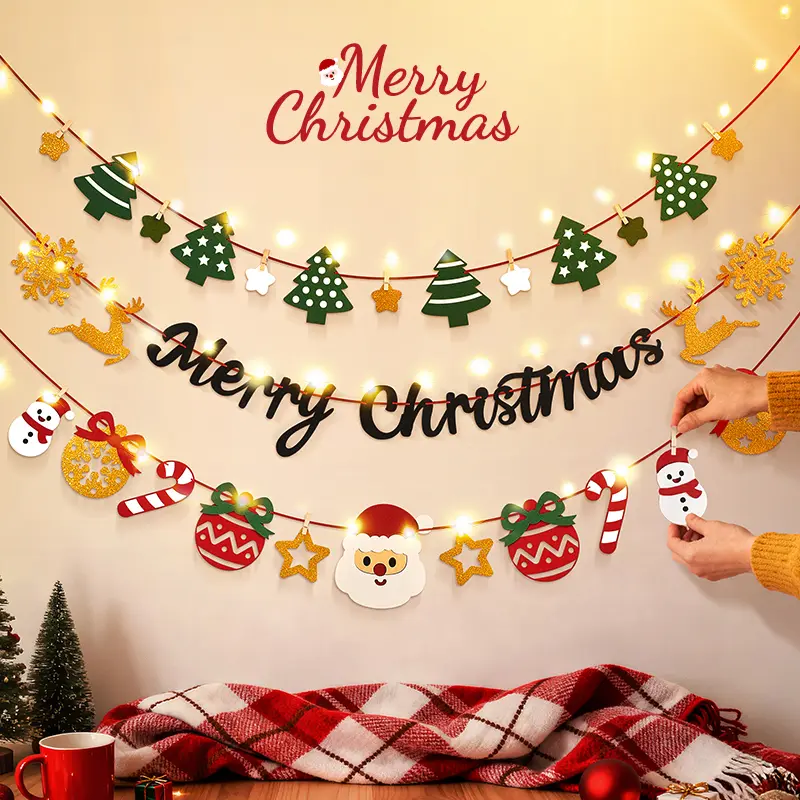 聖誕無紗布拉旗——讓節日氛圍瞬間拉滿！ ✅ 環保材質 ✅ 室內外都能用，陽台、客廳、店鋪裝飾 ✅ 無紗設計，輕盈飄逸，掛起來超方便！ ✅ 多種聖誕元素圖案，麋鹿、雪花、聖誕老人